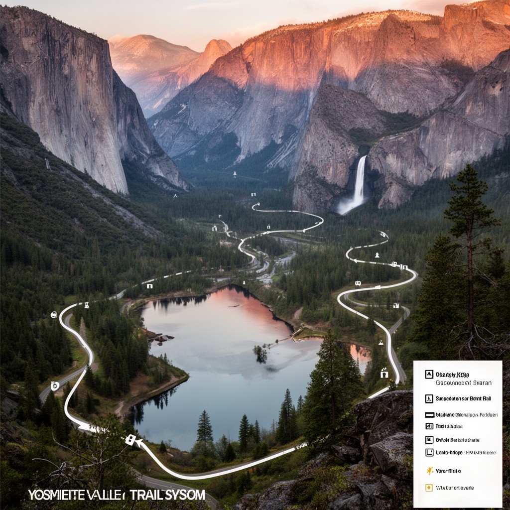 AI-generated illustration of Yosemite Valley trail system