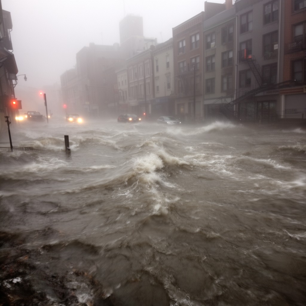 AI-generated illustration of Hurricane Sandy flooding in 2012