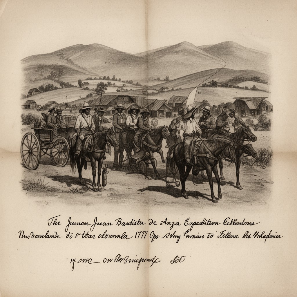 AI-generated illustration of Juan Bautista de Anza expedition settlers