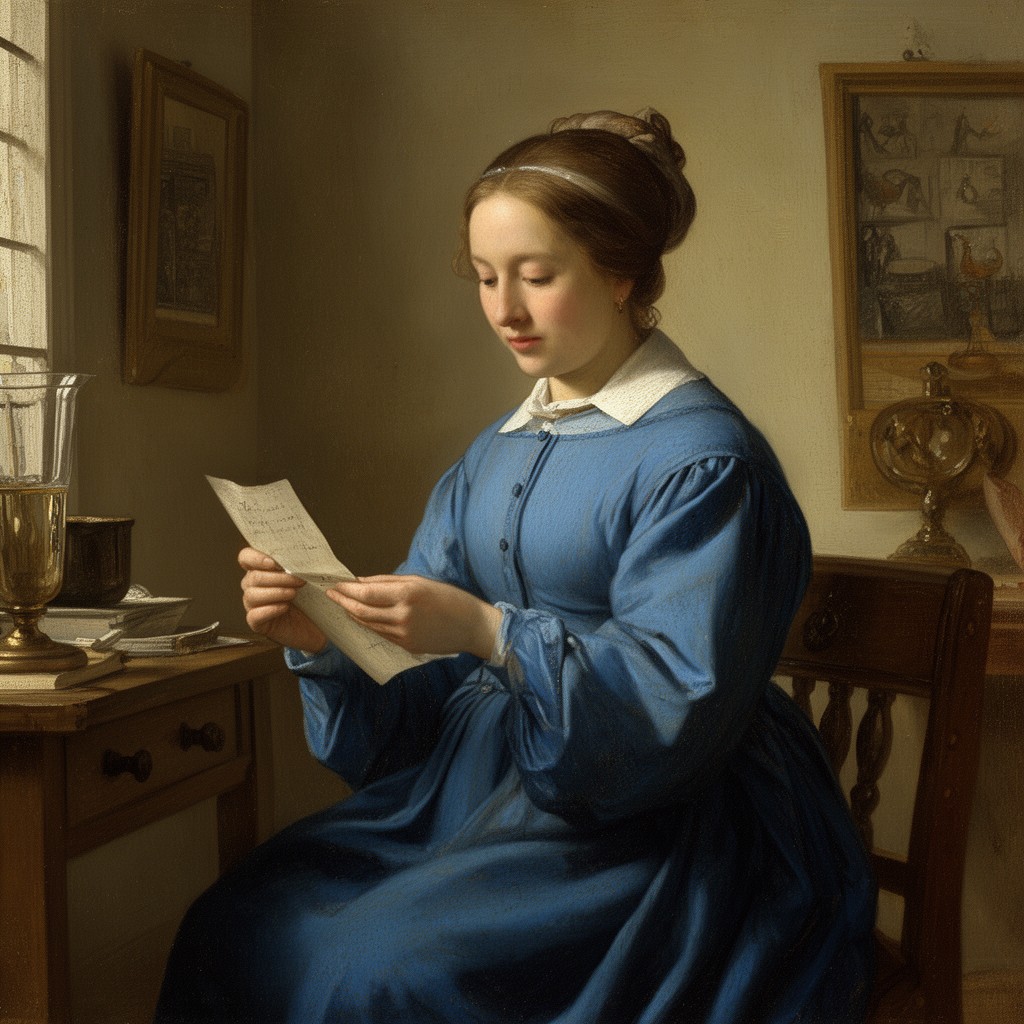 AI-generated illustration of Woman in Blue Reading a Letter