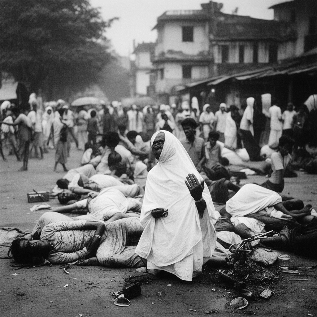 AI-generated illustration of assassination of Mahatma Gandhi (aftermath)