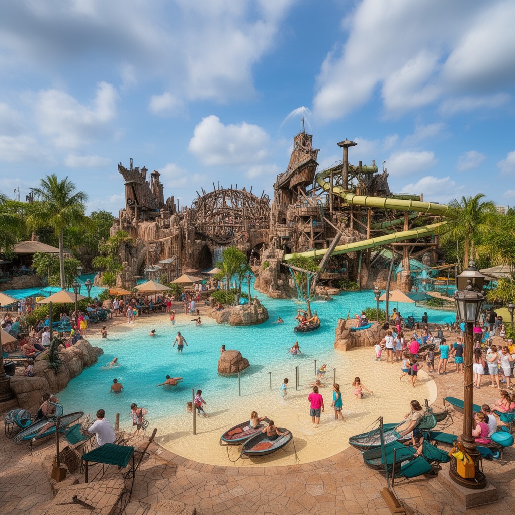 AI-generated illustration of Stormalong Bay pool complex