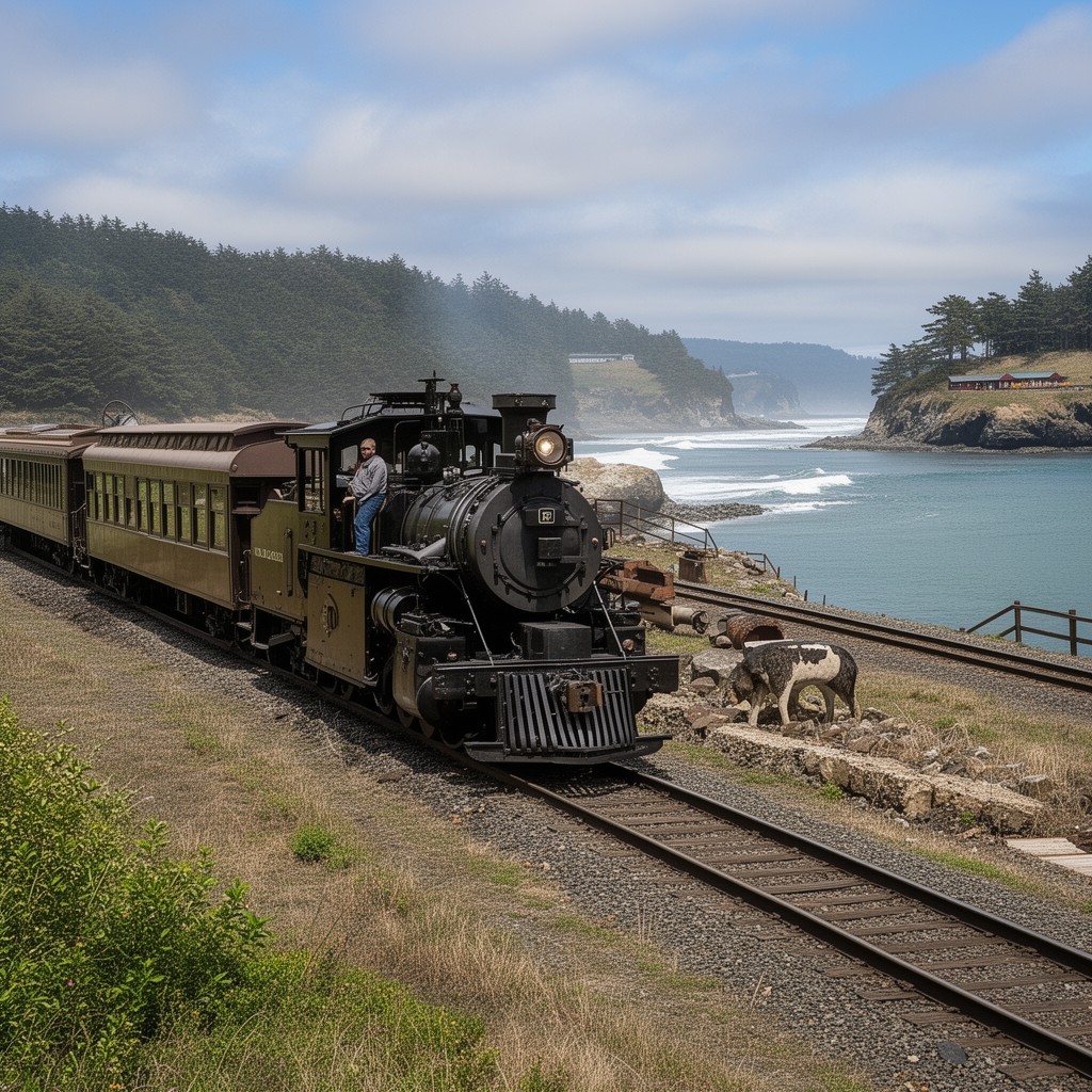 AI-generated illustration of Oregon Coast Scenic Railroad