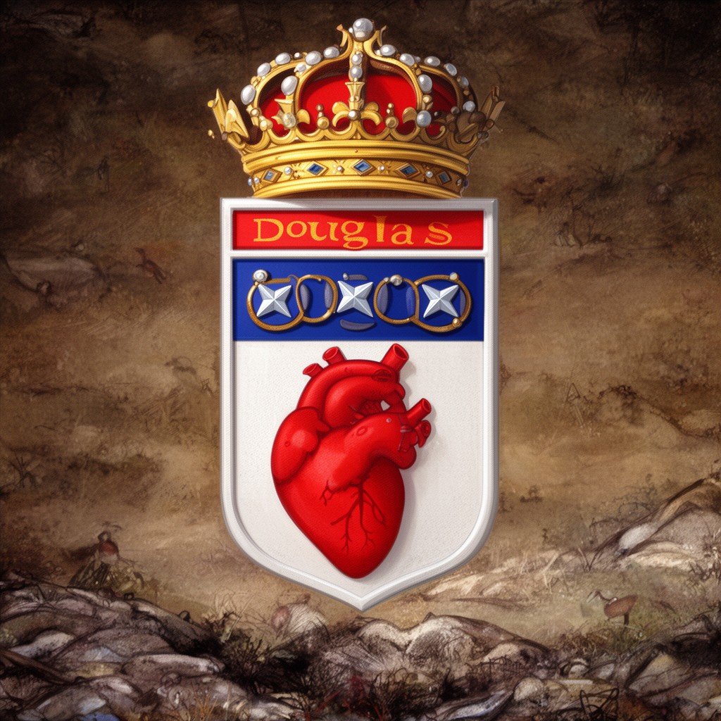 AI-generated illustration of Douglas arms (argent, a man's heart gules crowned or, on a chief azure three mullets argent)