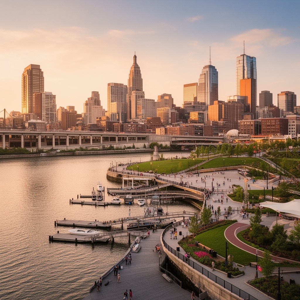 AI-generated illustration of Delaware River waterfront