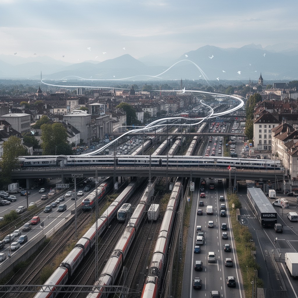 AI-generated illustration of Basel–Mulhouse–Freiburg transport corridor