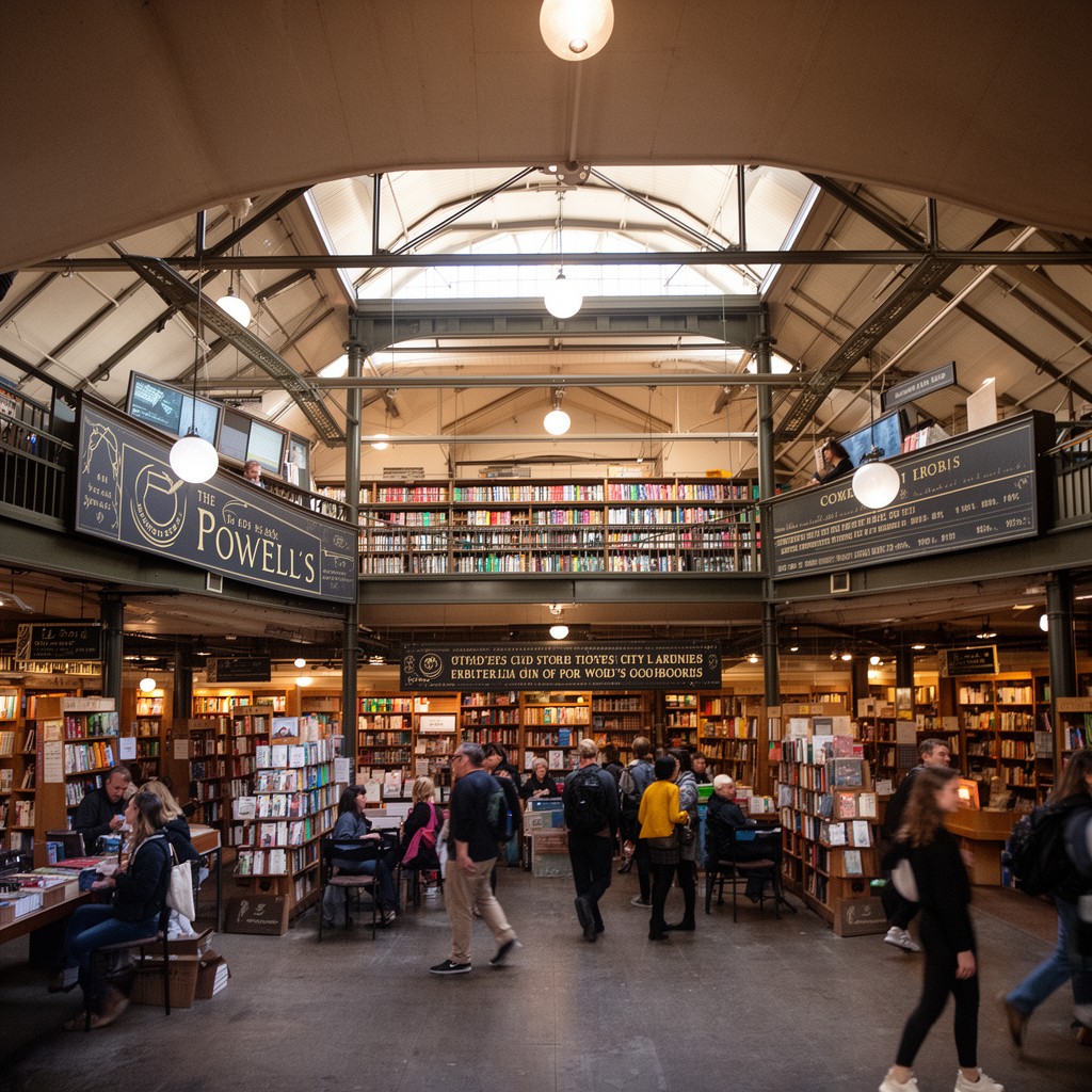 AI-generated illustration of Powell’s City of Books