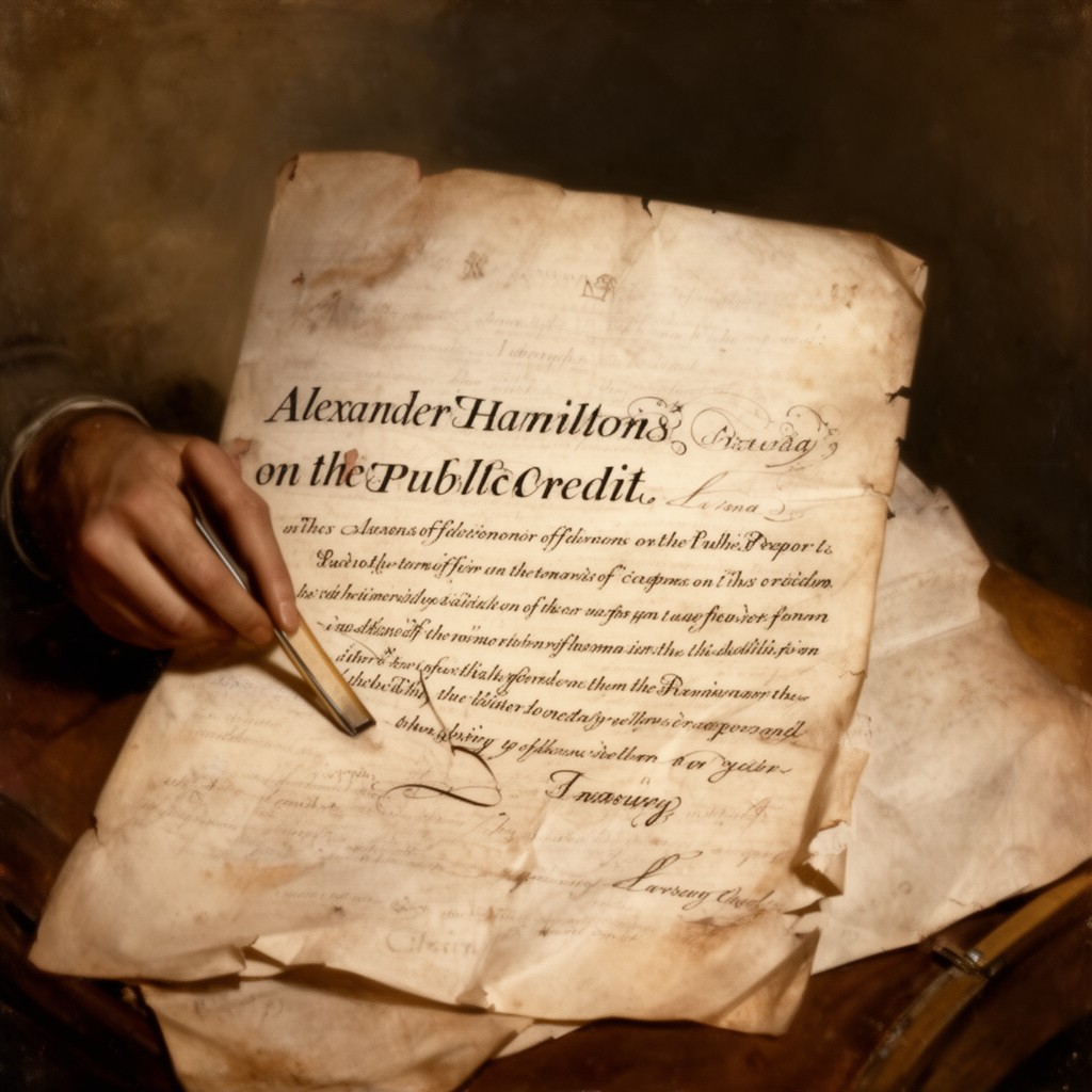 AI-generated illustration of Alexander Hamilton's Second Report on the Public Credit