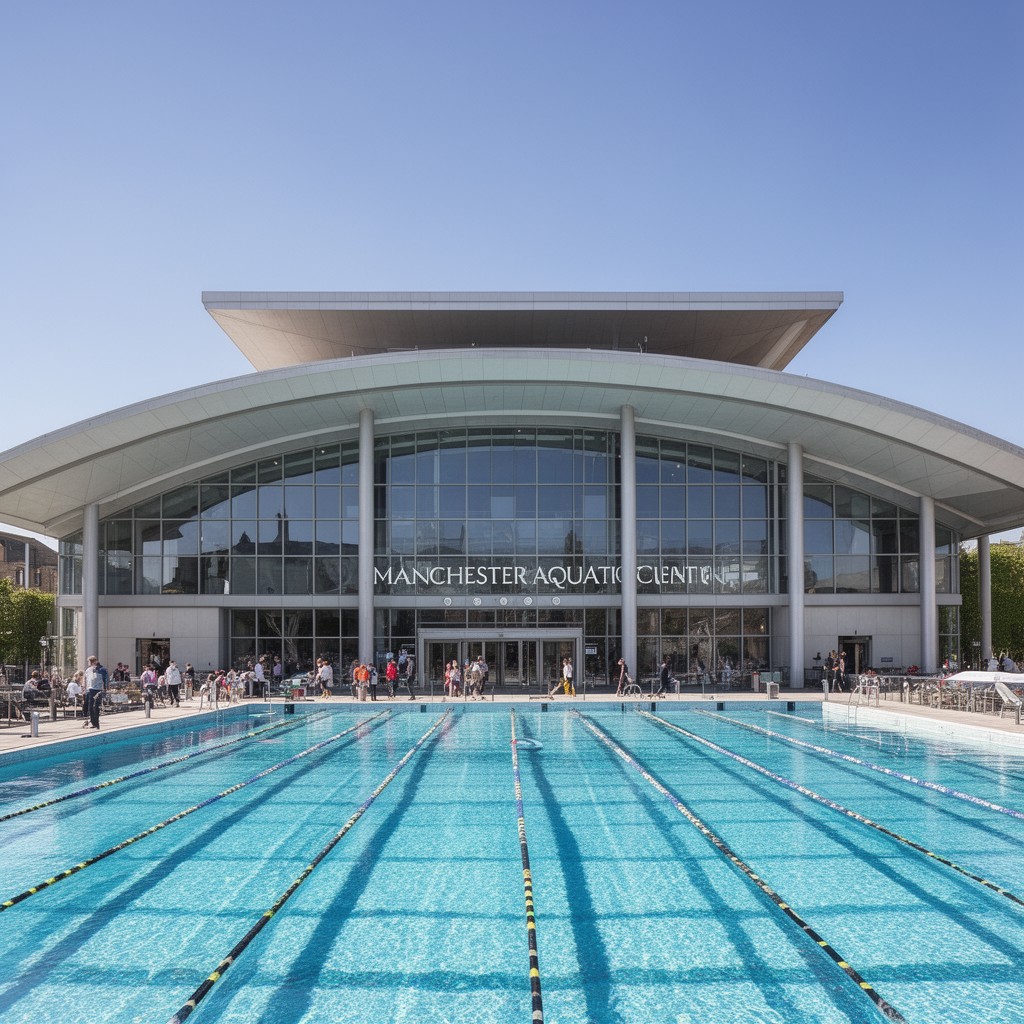 AI-generated illustration of Manchester Aquatics Centre (shared)