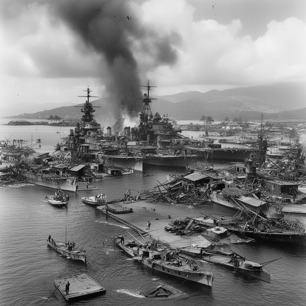 AI-generated illustration of Battleship Row, Pearl Harbor