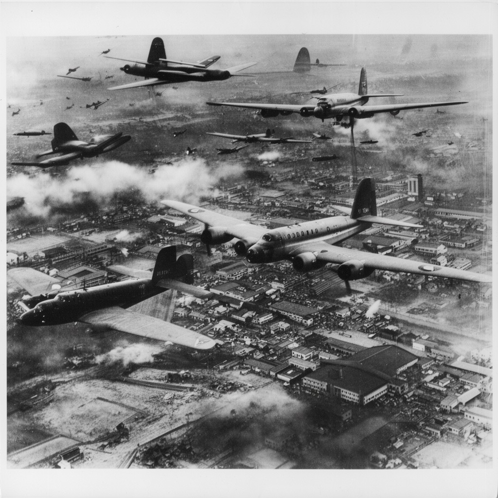 AI-generated illustration of Allied strategic bombing of Japan