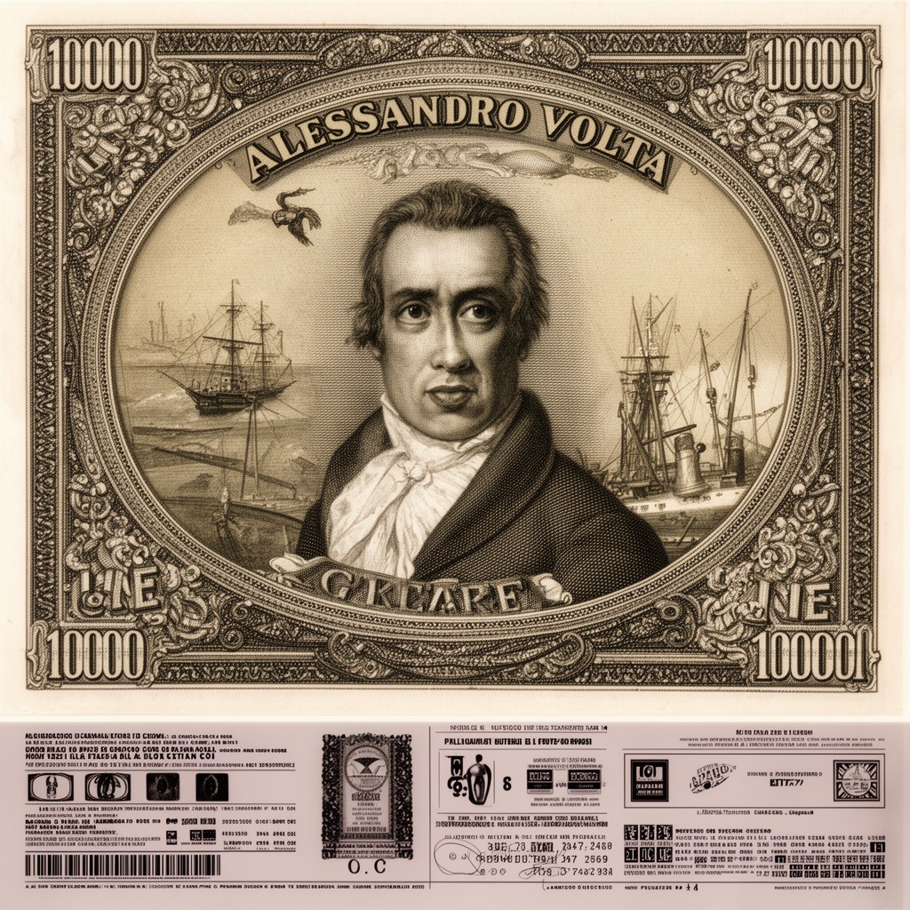 AI-generated illustration of Alessandro Volta (10000 lire)