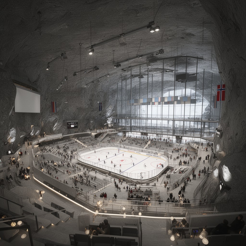 AI-generated illustration of Gjøvik Olympic Cavern Hall