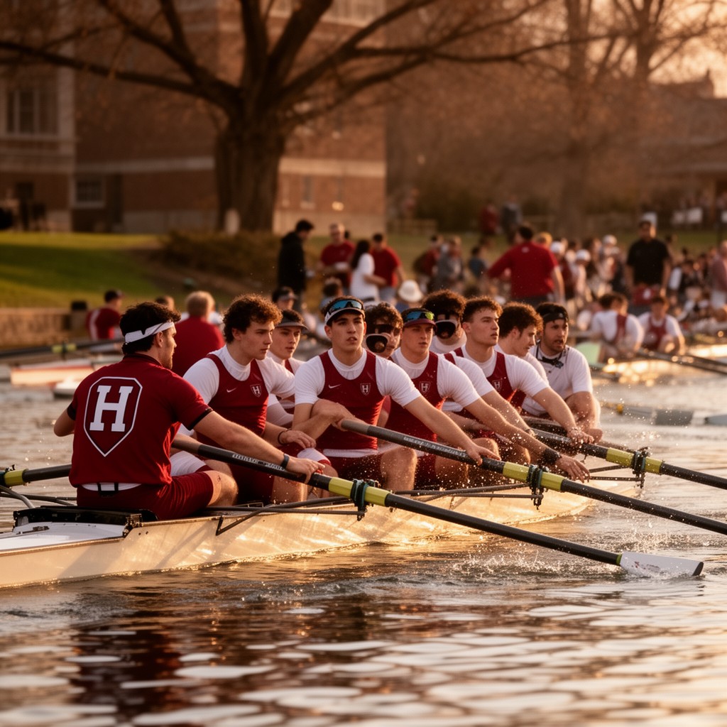 AI-generated illustration of Harvard Crimson men’s rowing