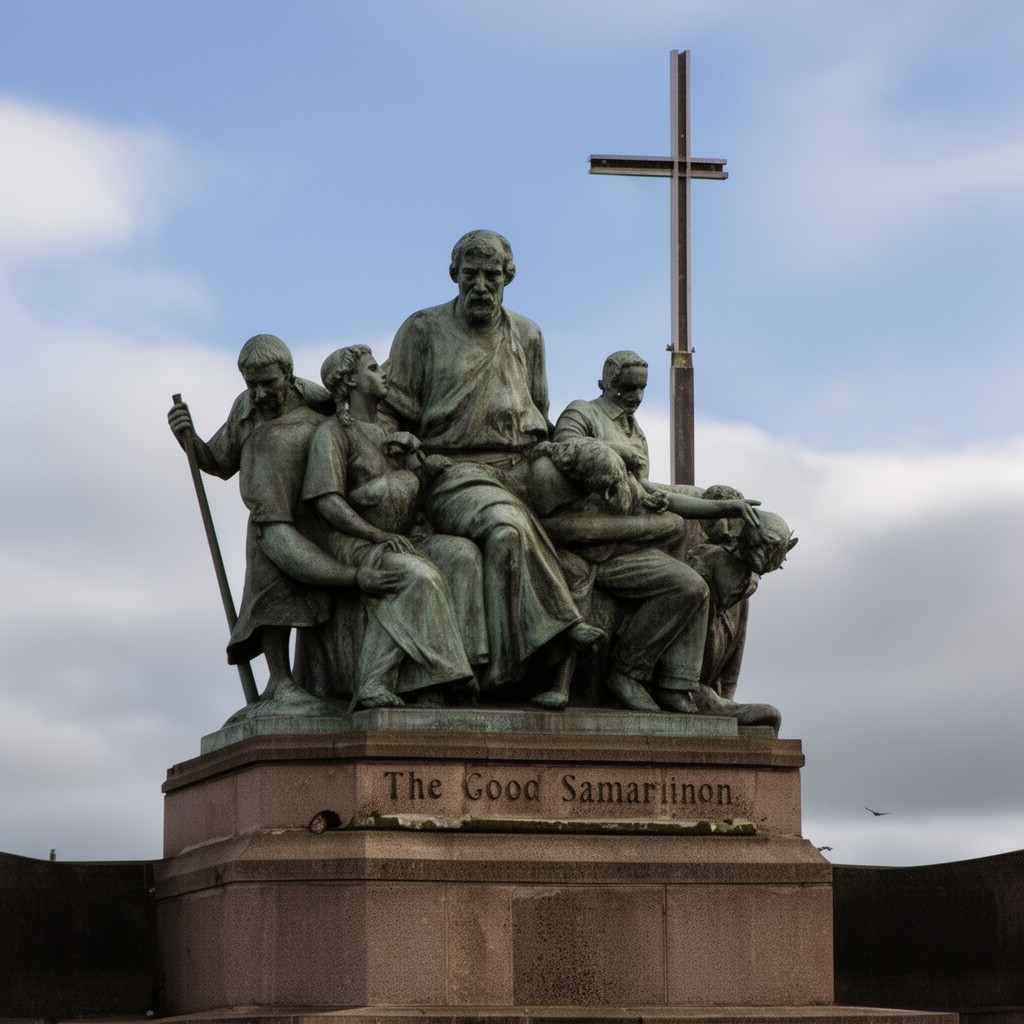 AI-generated illustration of The Good Samaritan statue
