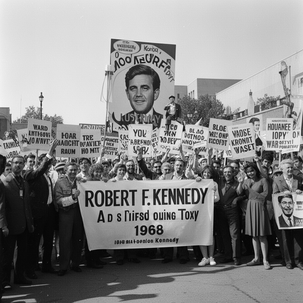 AI-generated illustration of Robert F. Kennedy's 1968 presidential campaign
