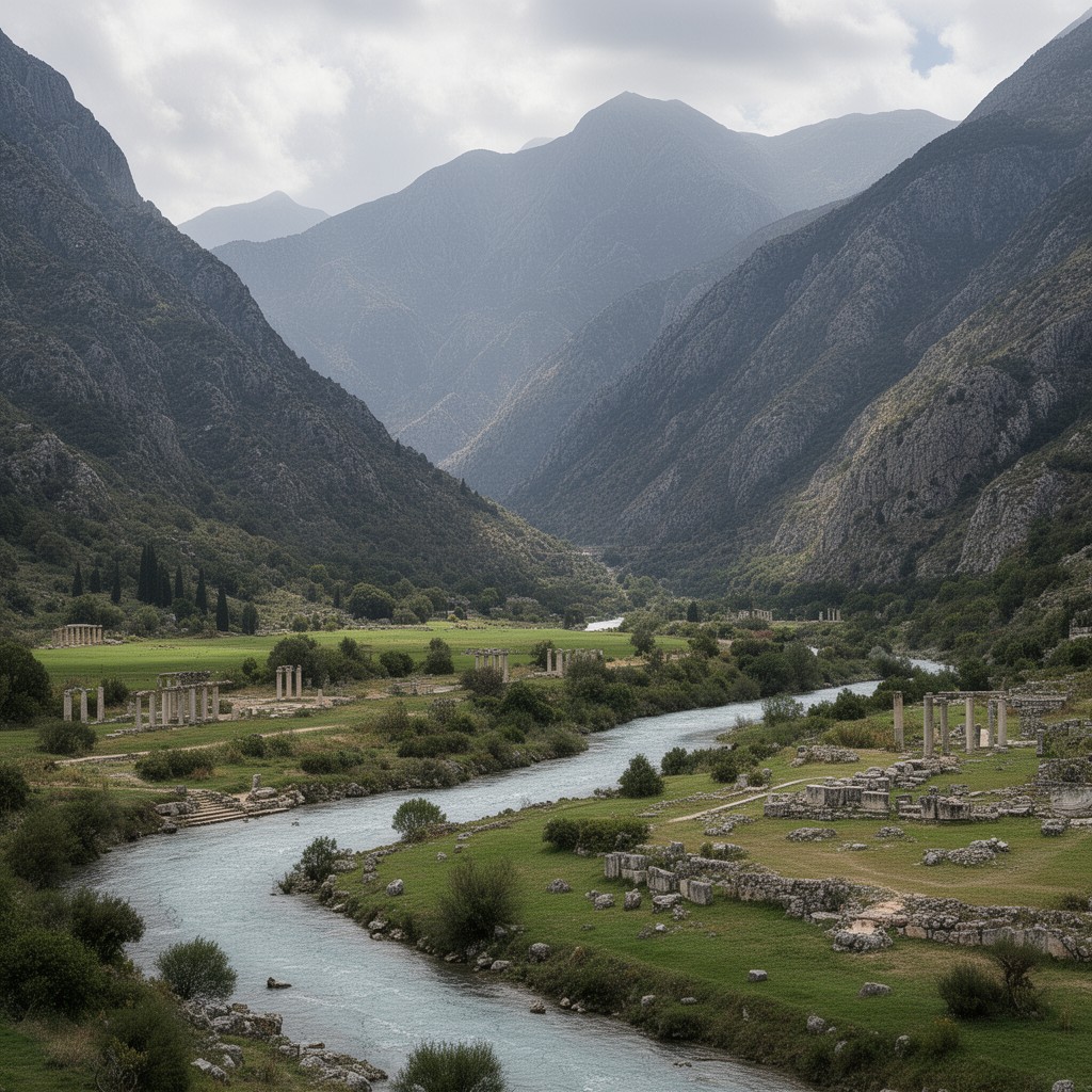 AI-generated illustration of valley of the Alfeios River