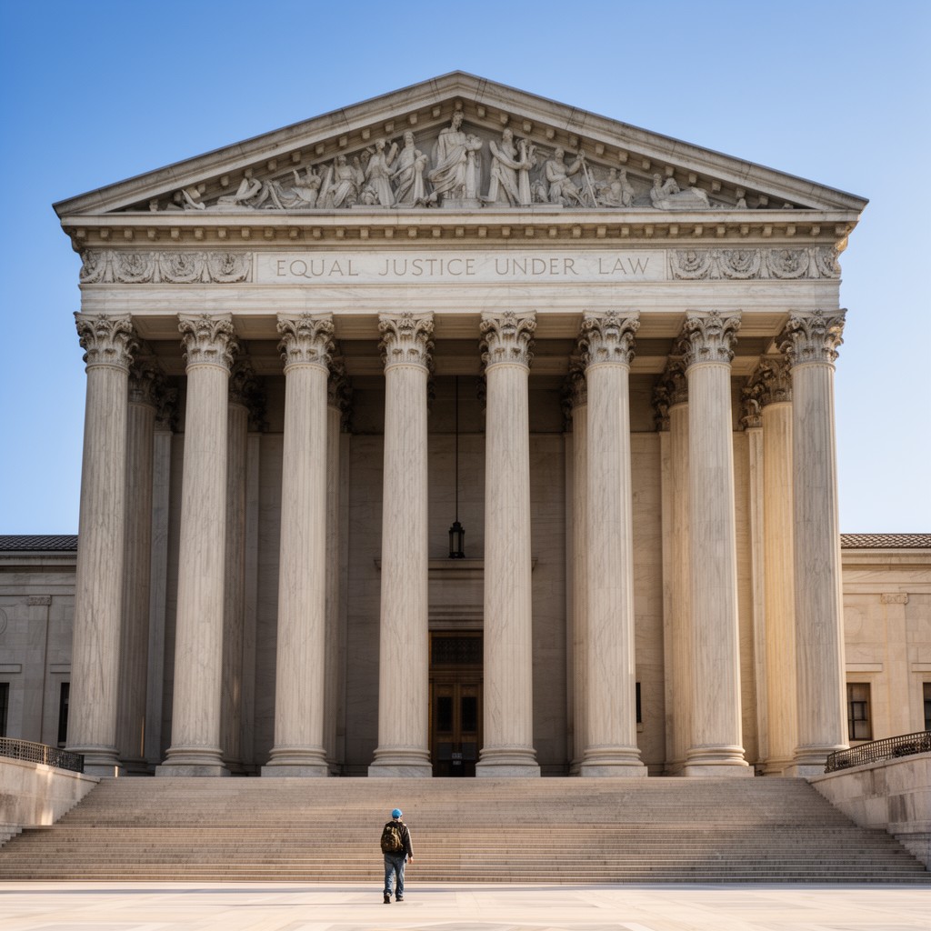 AI-generated illustration of Equal Justice Under Law (associated with the Supreme Court building inscription)