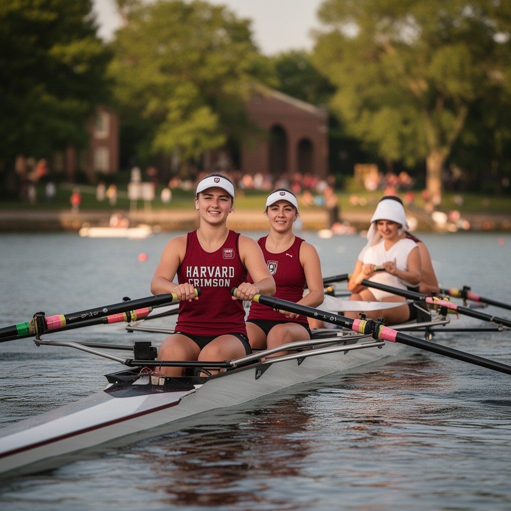 AI-generated illustration of Harvard Crimson women’s rowing