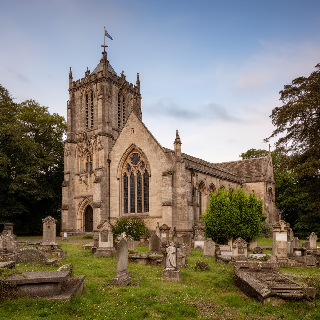 AI-generated illustration of Saint Peter’s Church, Edensor, Derbyshire, England