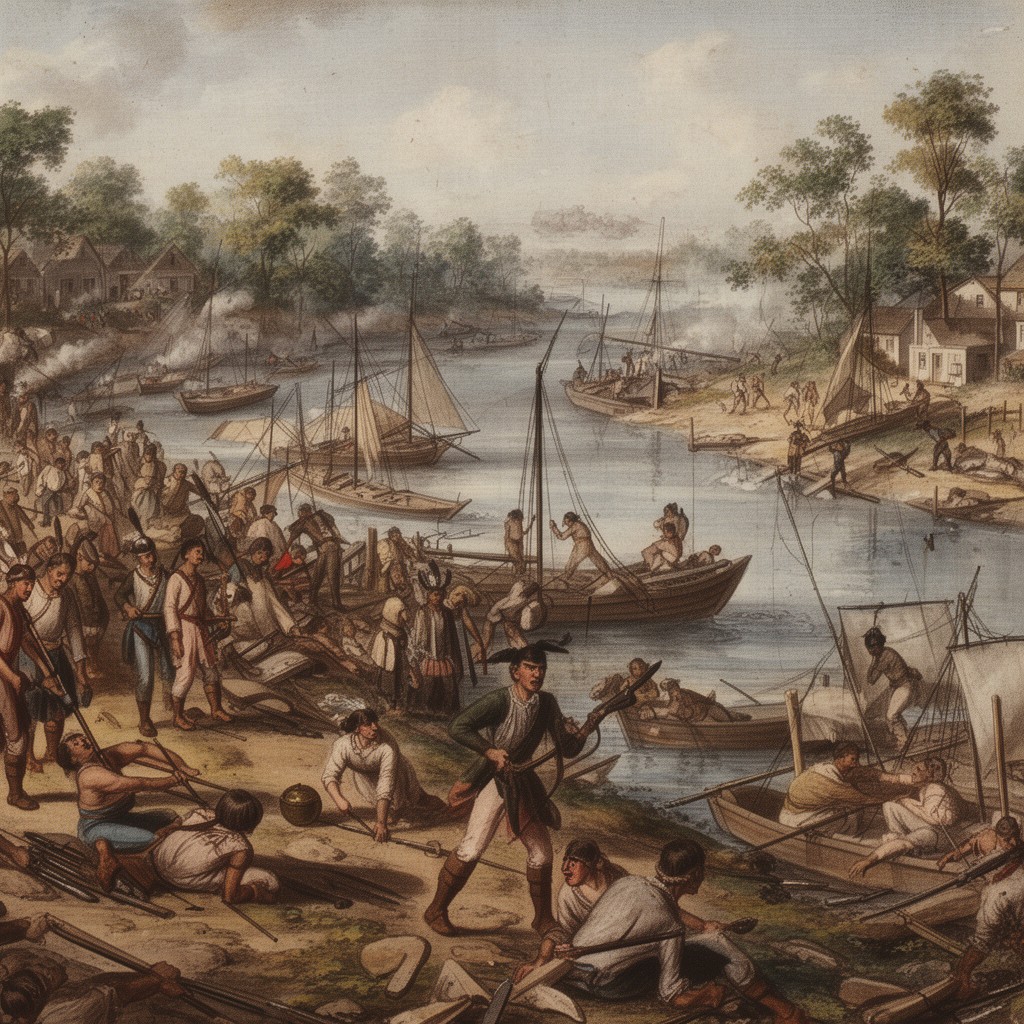 AI-generated illustration of Blockade of the Pequot along the Thames River