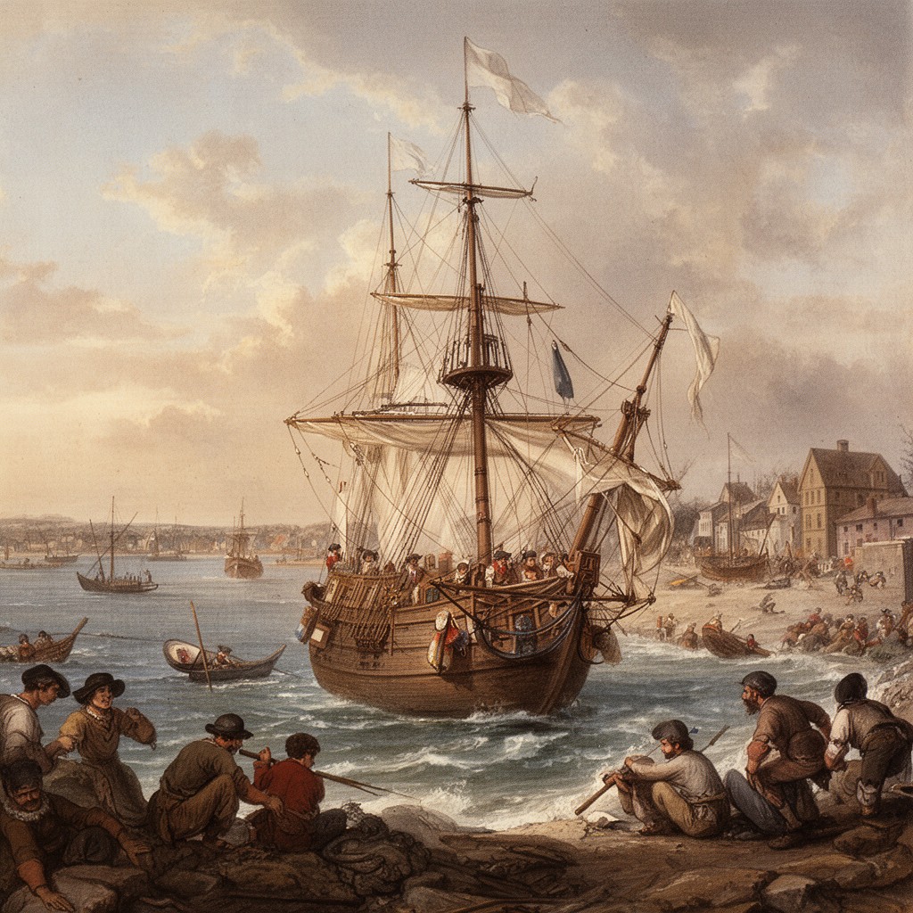 AI-generated illustration of Mayflower landing at Plymouth