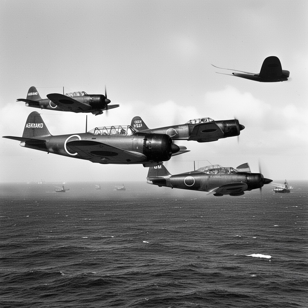 AI-generated illustration of Mitsubishi A6M Zero fighters