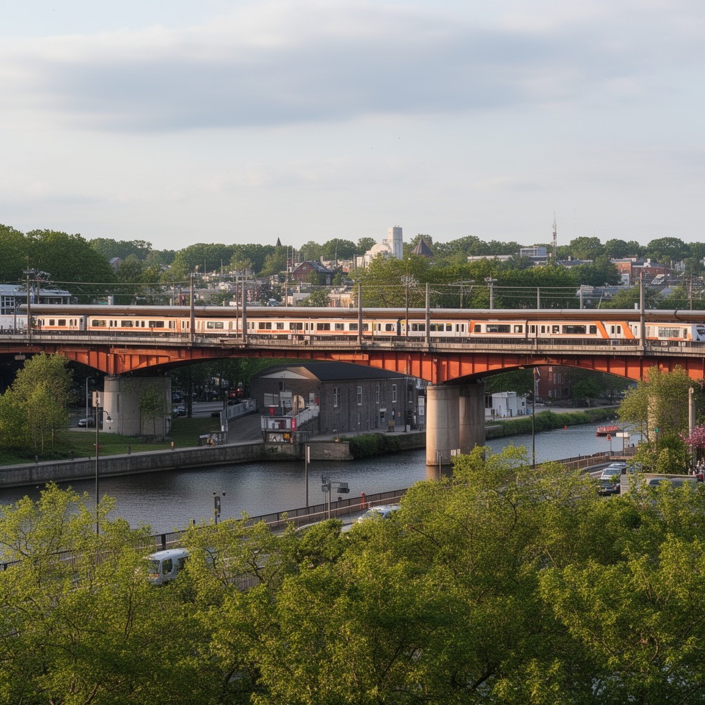 AI-generated illustration of MBTA Orange Line bridge near Wellington