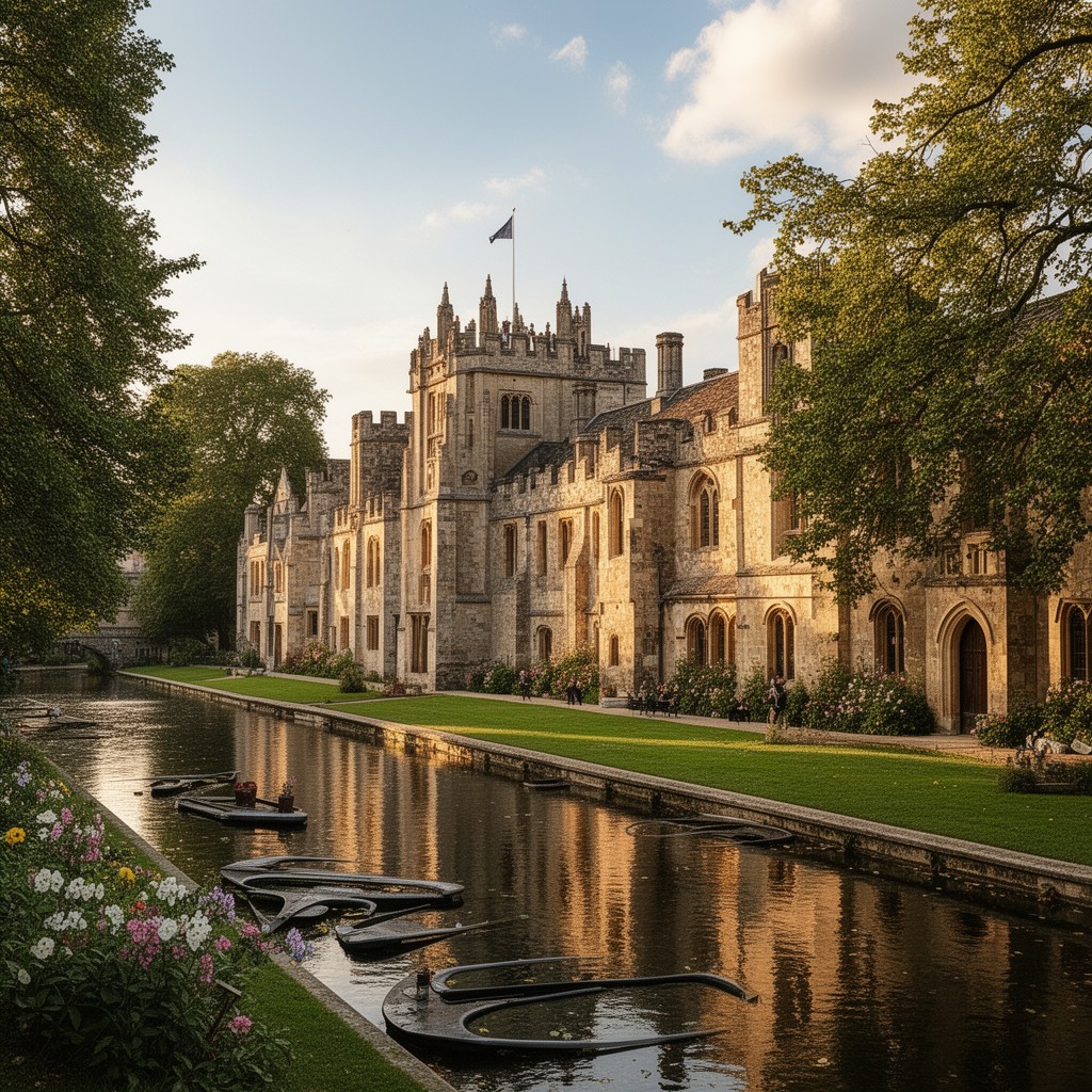 AI-generated illustration of Queens’ College, Cambridge