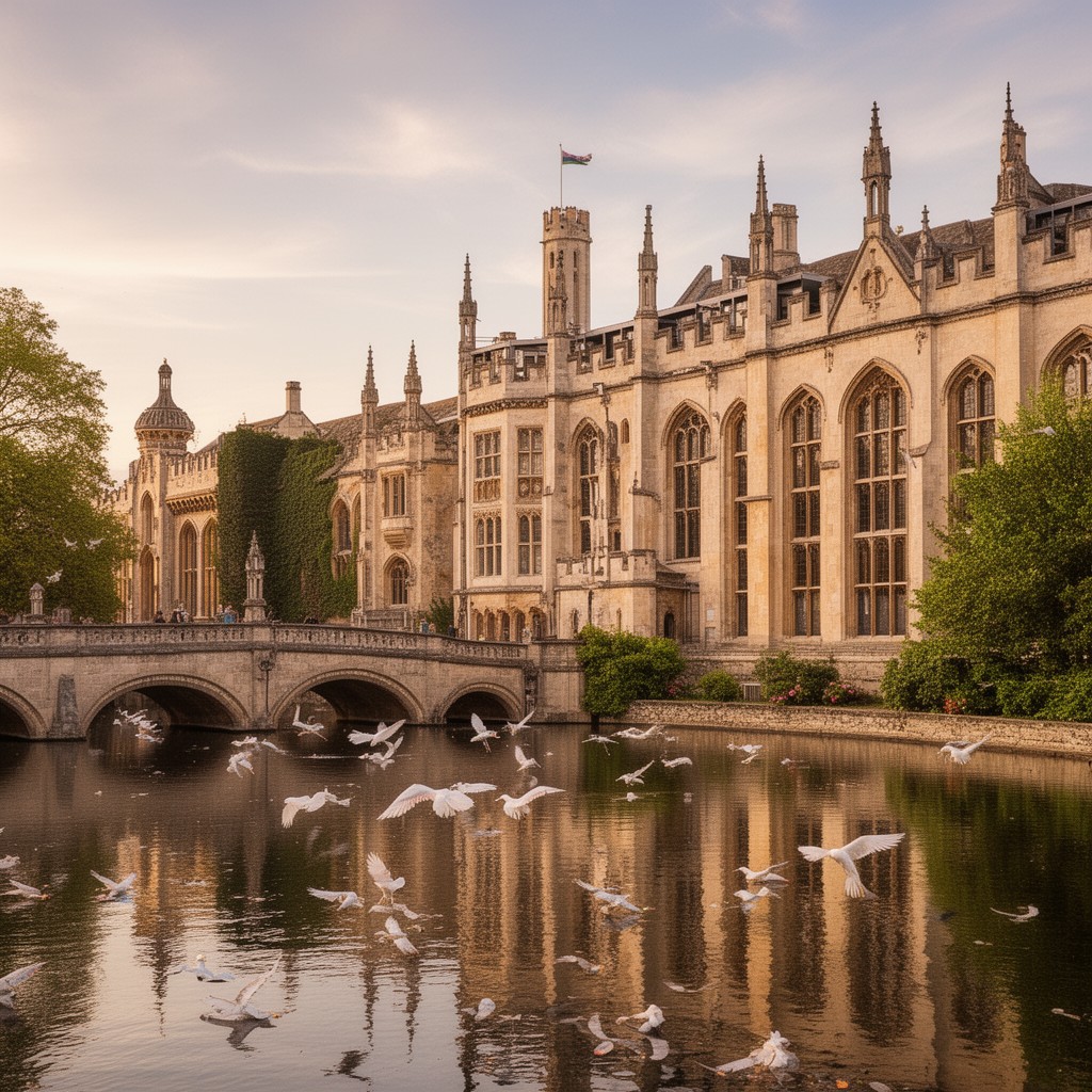 AI-generated illustration of Clare College, Cambridge