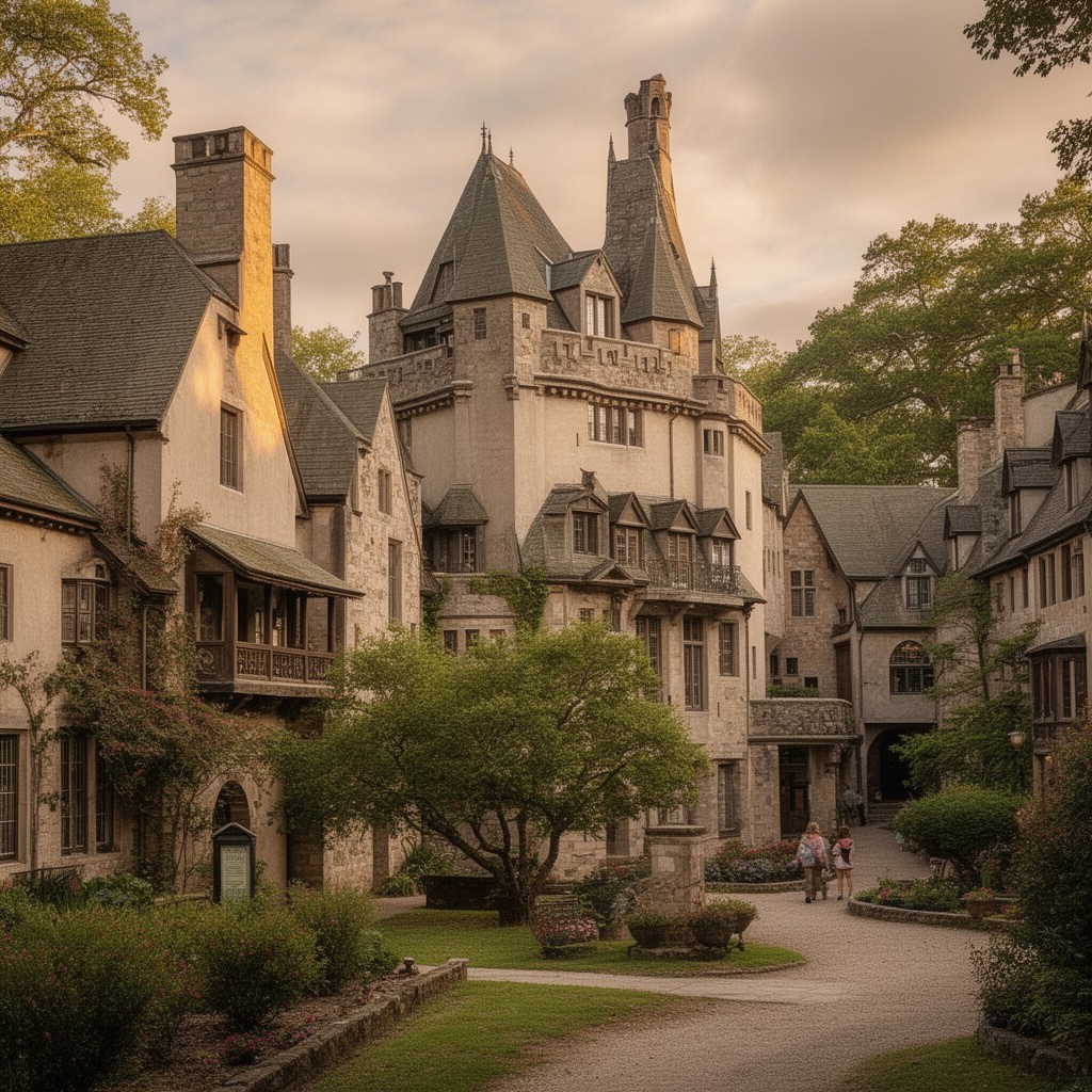 AI-generated illustration of Biltmore Village buildings near Biltmore Estate