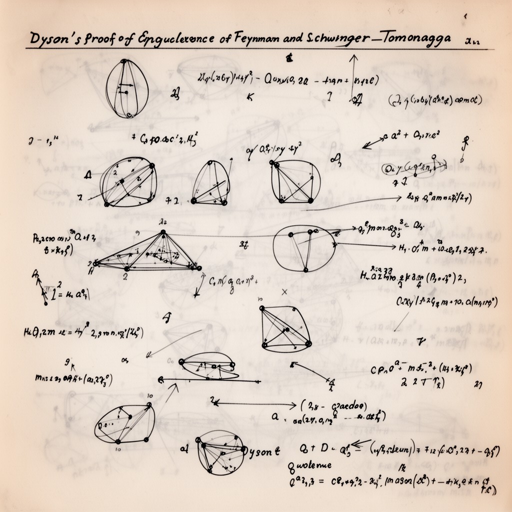 AI-generated illustration of Dyson’s proof of equivalence of Feynman and Schwinger–Tomonaga formulations of QED