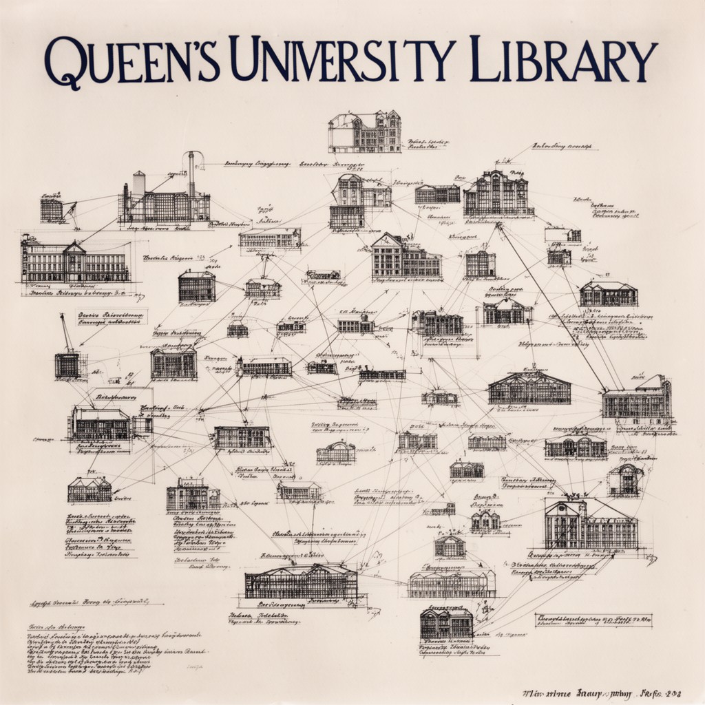 AI-generated illustration of Queen's University Library system