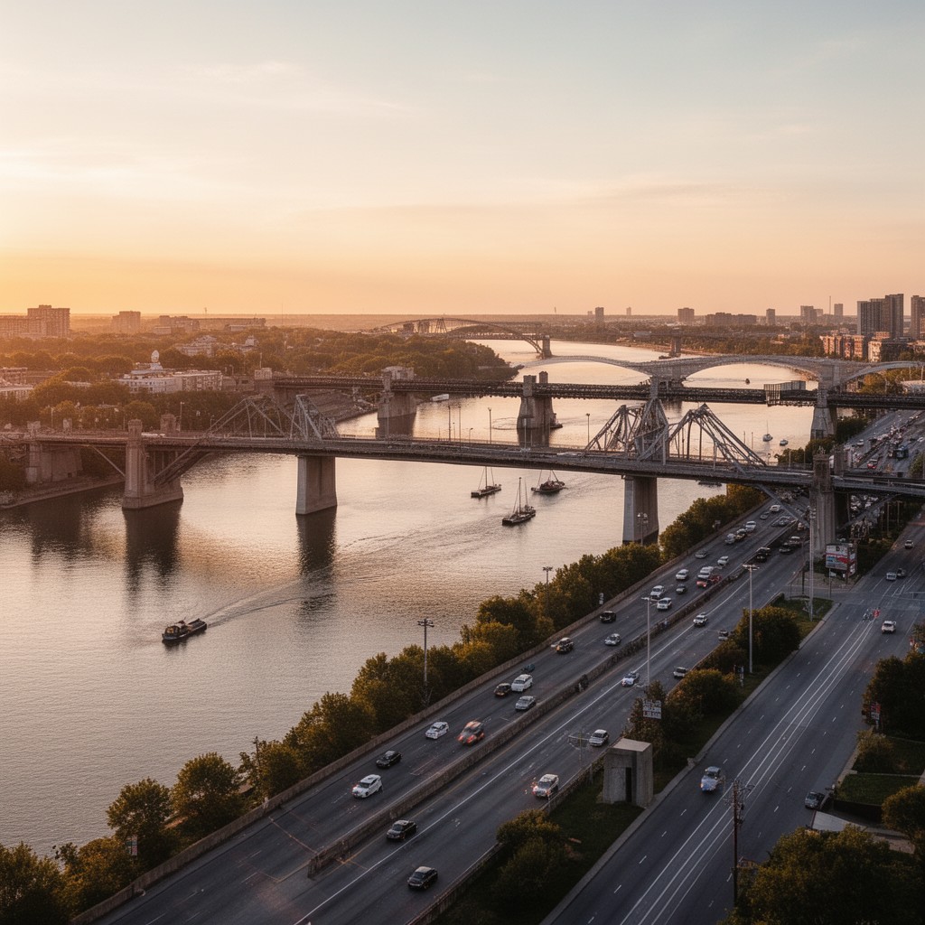 AI-generated illustration of 14th Street Bridge complex