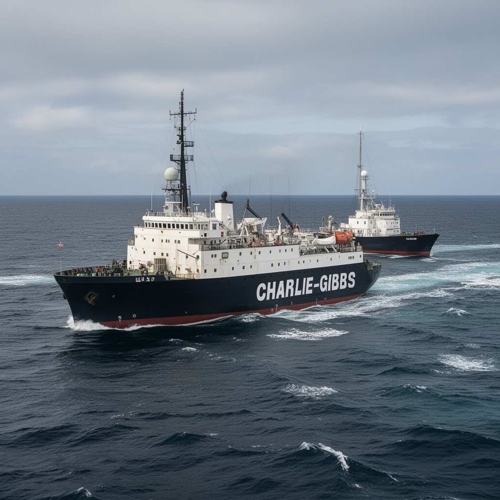 AI-generated illustration of RRS Charles Darwin and USNS Gibbs (commemorative naming origin)