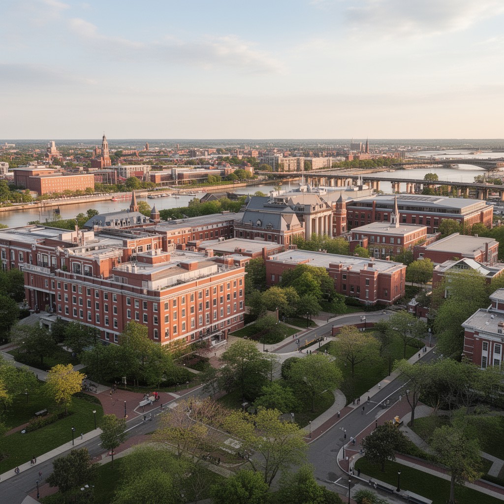 AI-generated illustration of Harvard University Allston campus