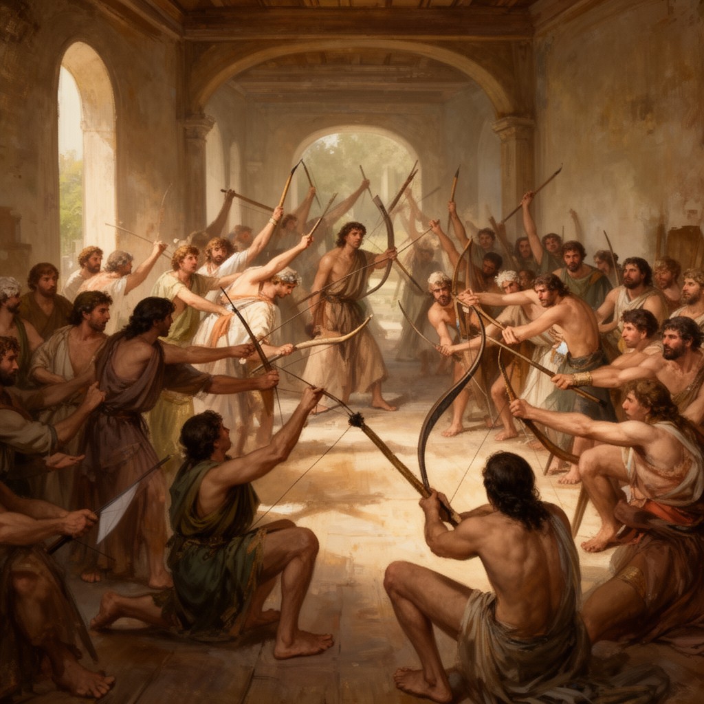 AI-generated illustration of the contest of the bow in Ithaca