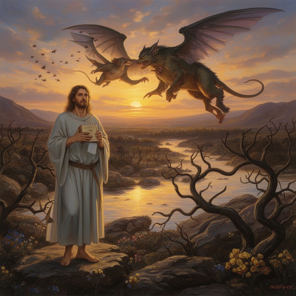 AI-generated illustration of temptation of Jesus in the wilderness