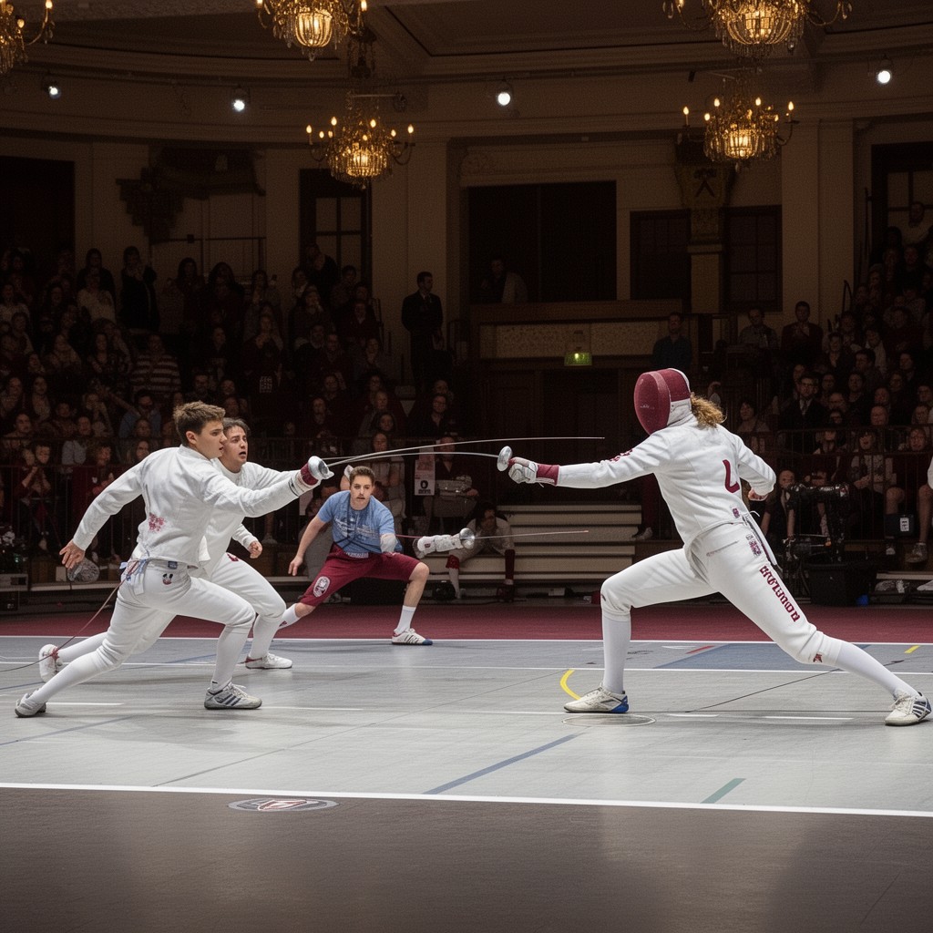 AI-generated illustration of Harvard Crimson fencing