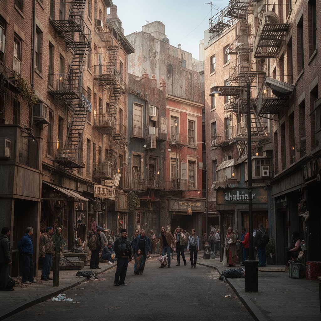 AI-generated illustration of New York Street backlot set