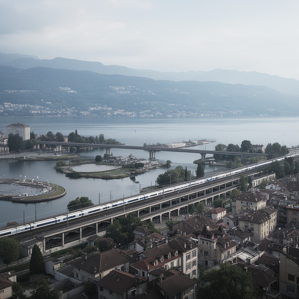 AI-generated illustration of Lausanne–Geneva railway line