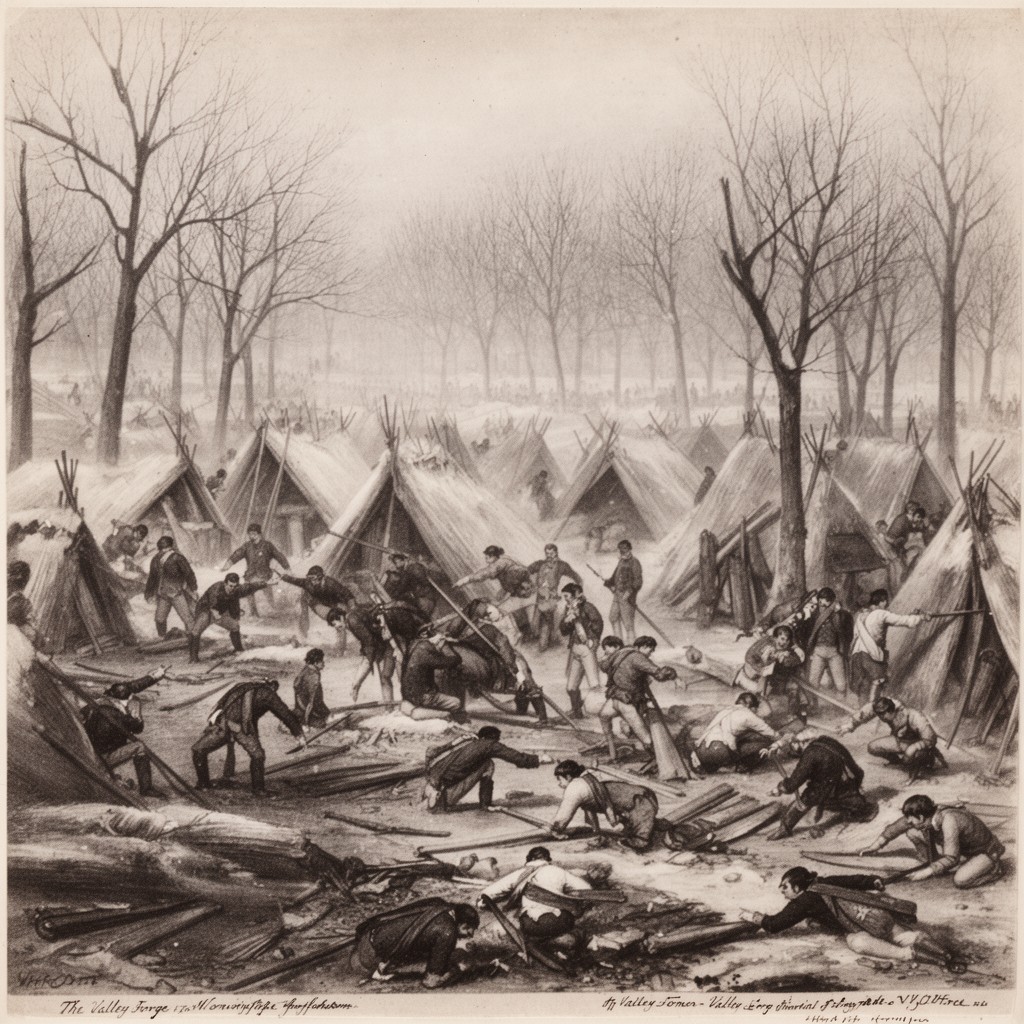 AI-generated illustration of Valley Forge winter encampment