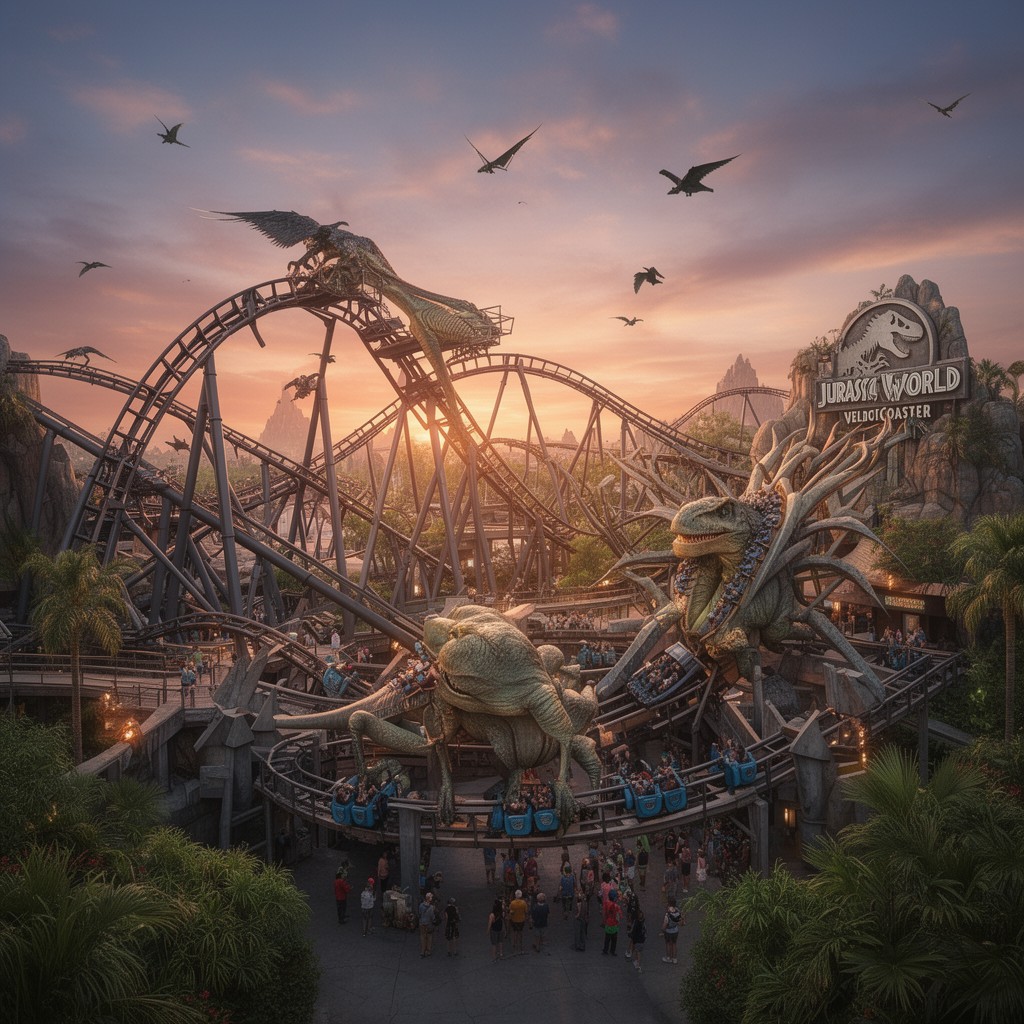 AI-generated illustration of Jurassic World VelociCoaster