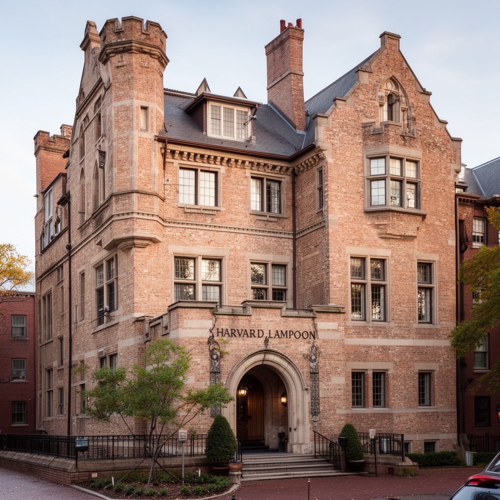 AI-generated illustration of The Harvard Lampoon building