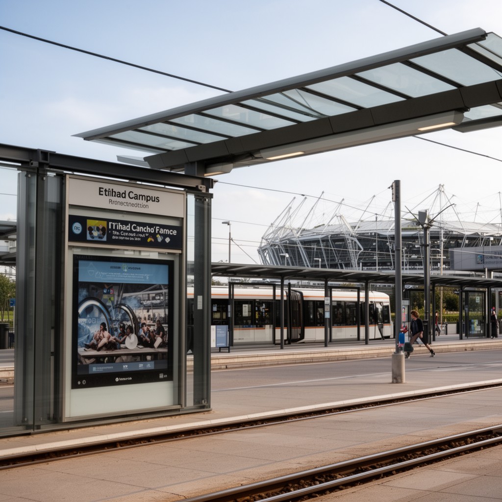 AI-generated illustration of Etihad Campus tram stop