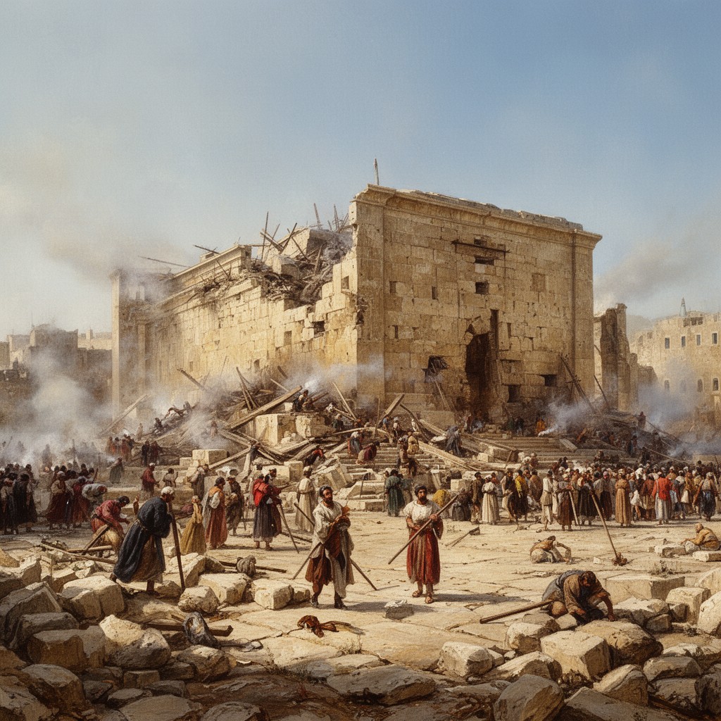 AI-generated illustration of Roman destruction of the Second Temple