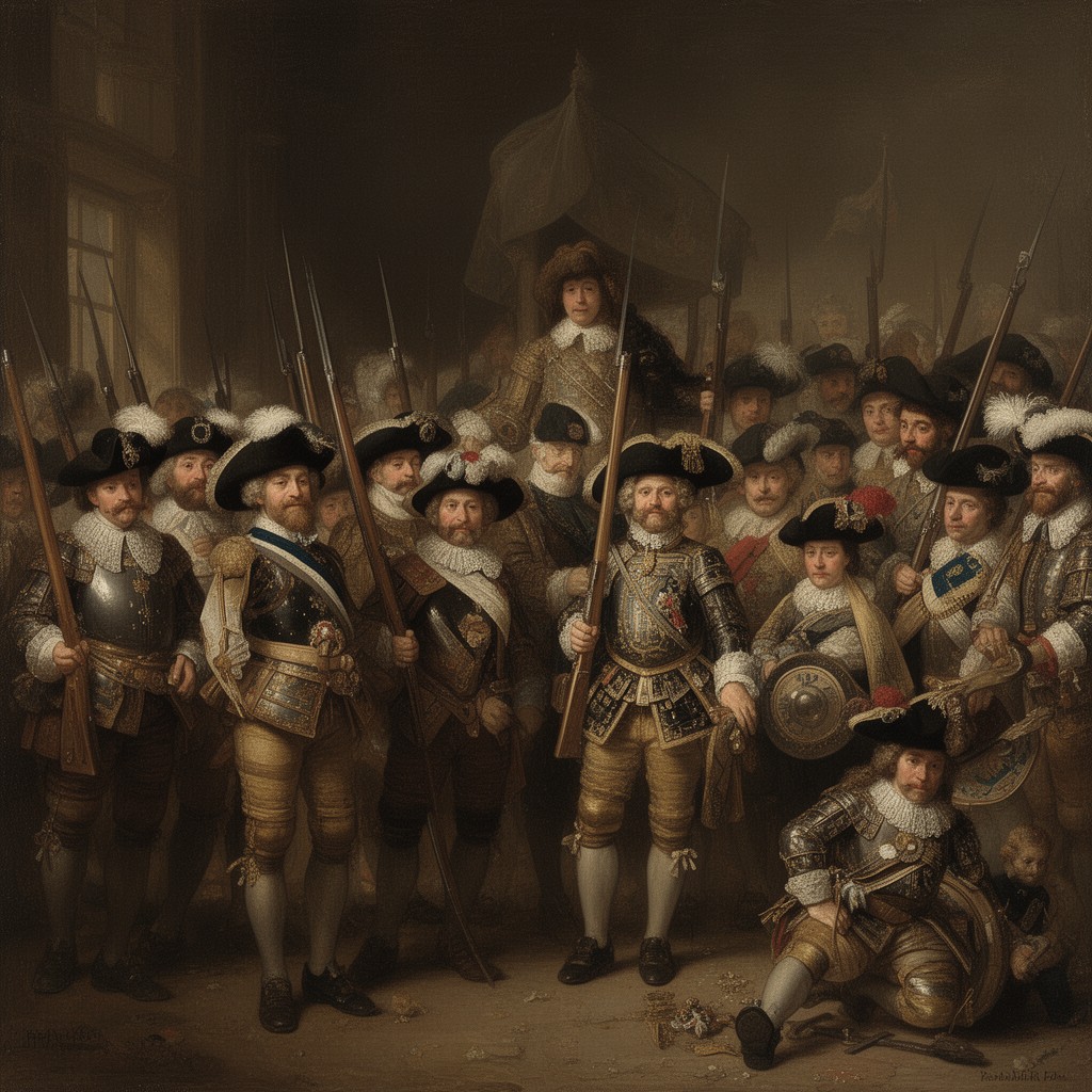 AI-generated illustration of Militia Company of District II under the Command of Captain Frans Banning Cocq