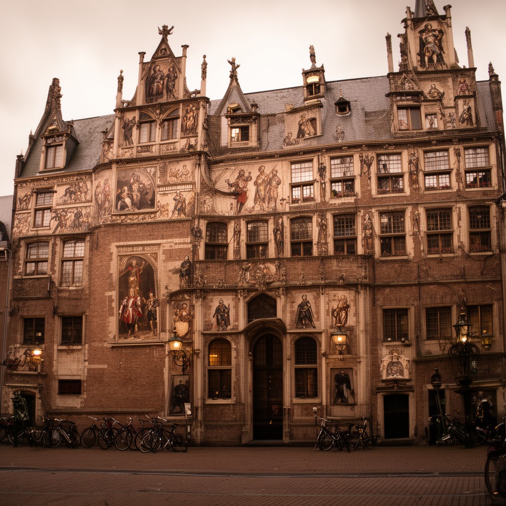 AI-generated illustration of Kloveniersdoelen (musketeers’ hall) in Amsterdam
