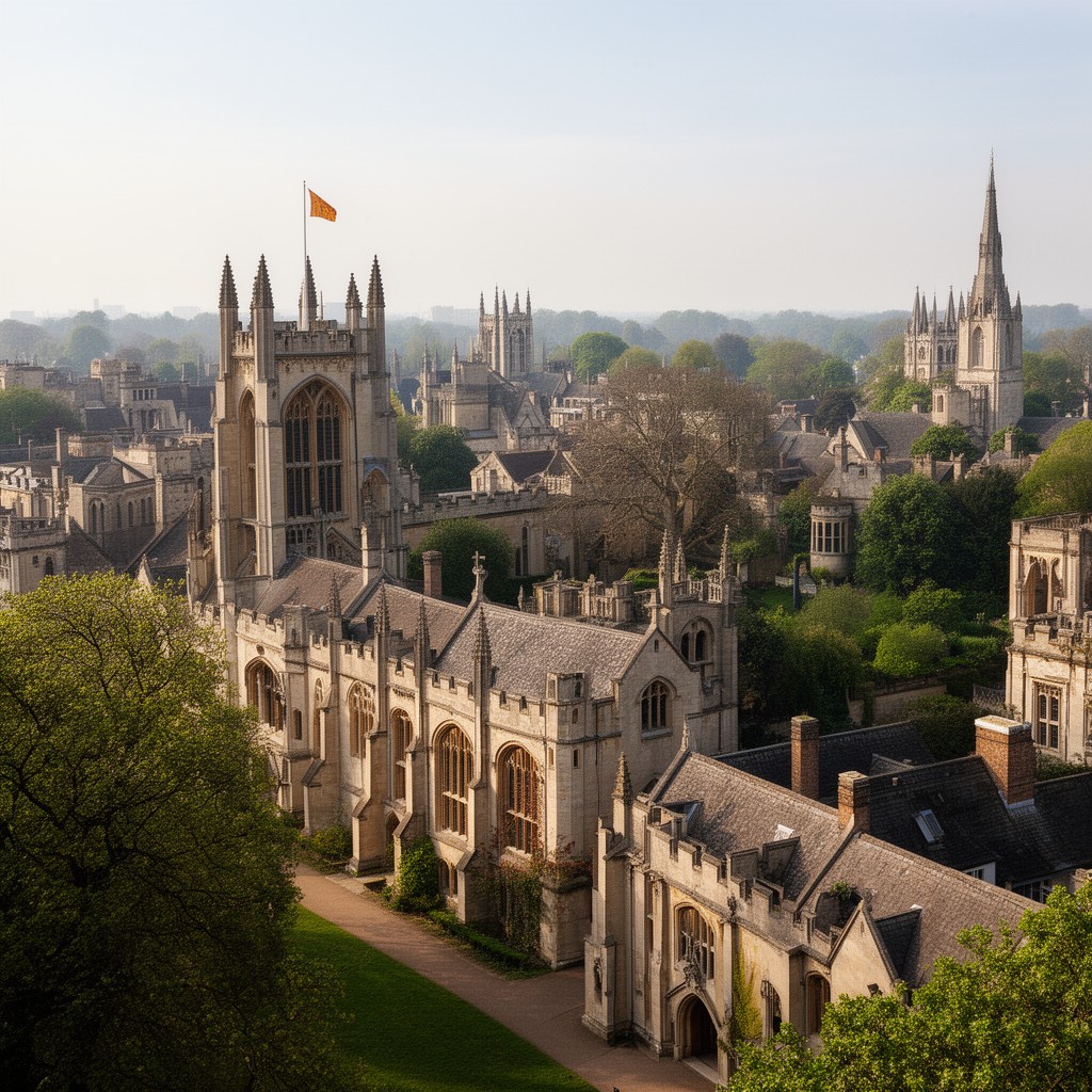AI-generated illustration of Oxford and Cambridge college systems