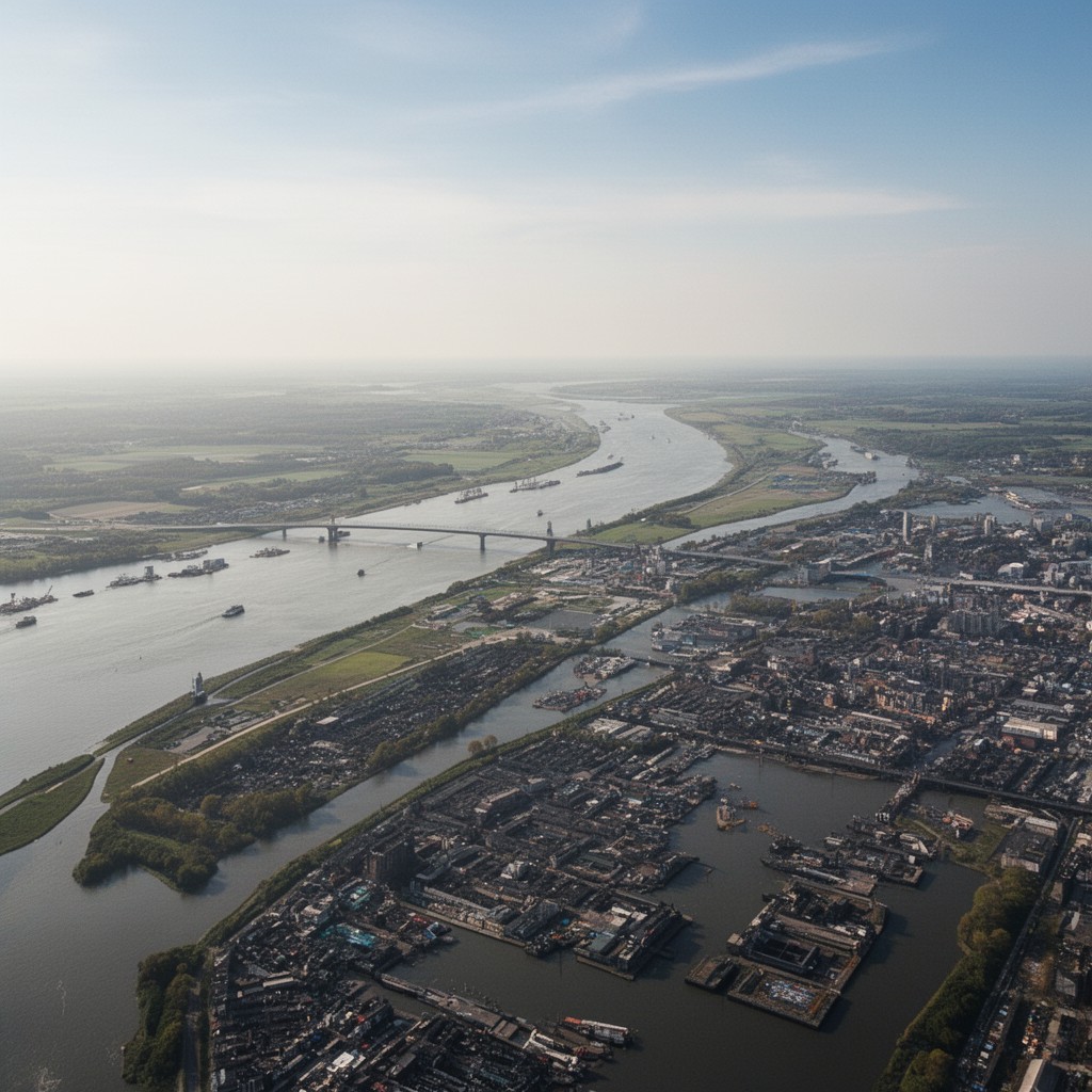AI-generated illustration of Rhine–Meuse–Scheldt delta